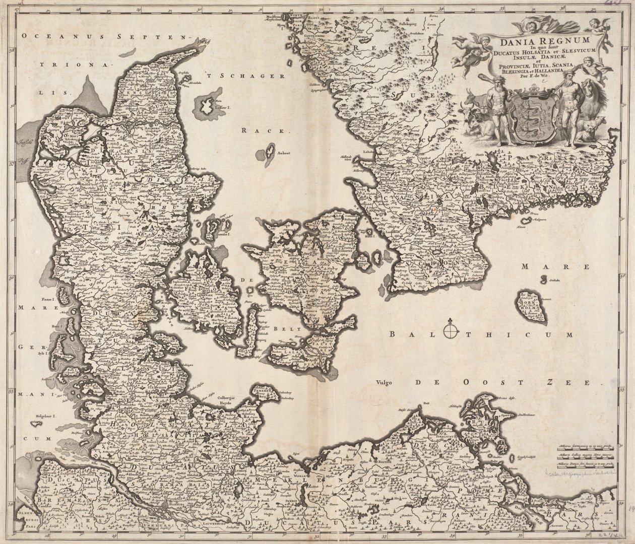 Dania regnum in quo sunt Ducatus Holsatia et Slesvicum Insulae Danicae et Provinciae Iutia, Scania, Blekingia et Hallandia door Frederick de Wit