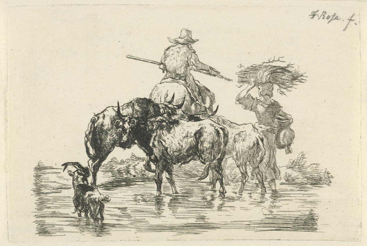 Herder en herderin waden door een beek door Frederik Cornelis Rose