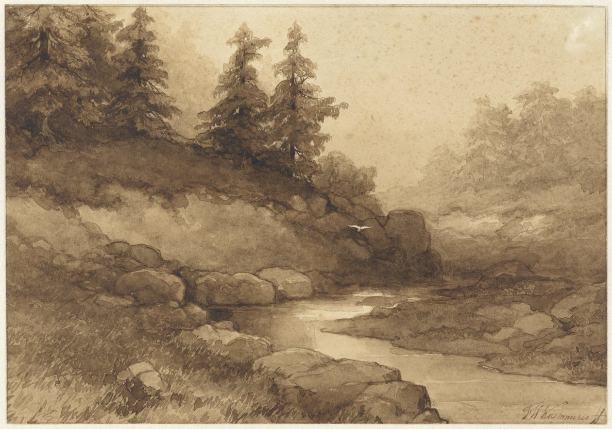 Heuvelachtig landschap met een rivier door Frederik Hendrik Kaemmerer