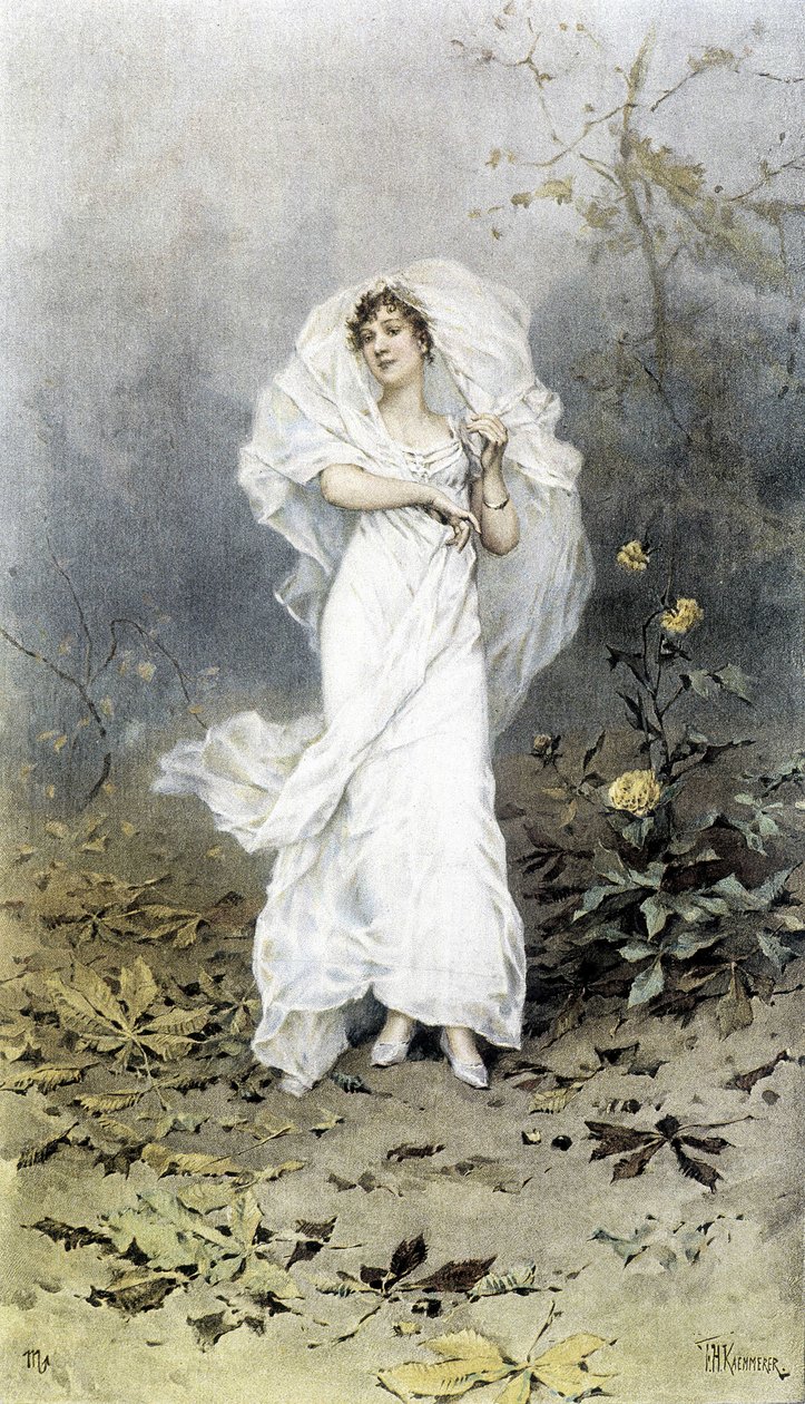 Vrouw in een bos - Allegorie van de herfst, kalender geïllustreerd door Hubert Dys, geschilderd door F.H. Kaemmerer door Frederik Hendrik Kaemmerer