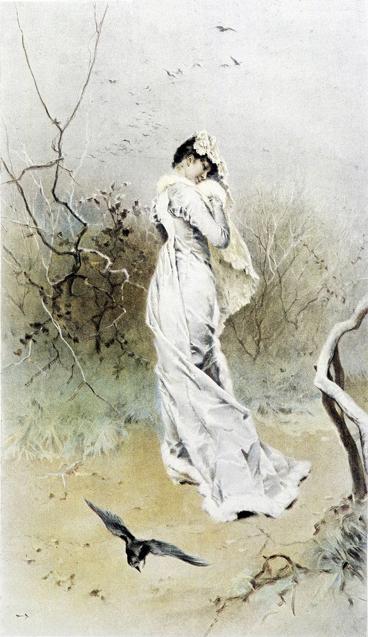 Vrouw in een bos - allegorie van de vroege winter, kalender geïllustreerd door Hubert Dys, geschilderd door F.H. Kaemmerer door Frederik Hendrik Kaemmerer
