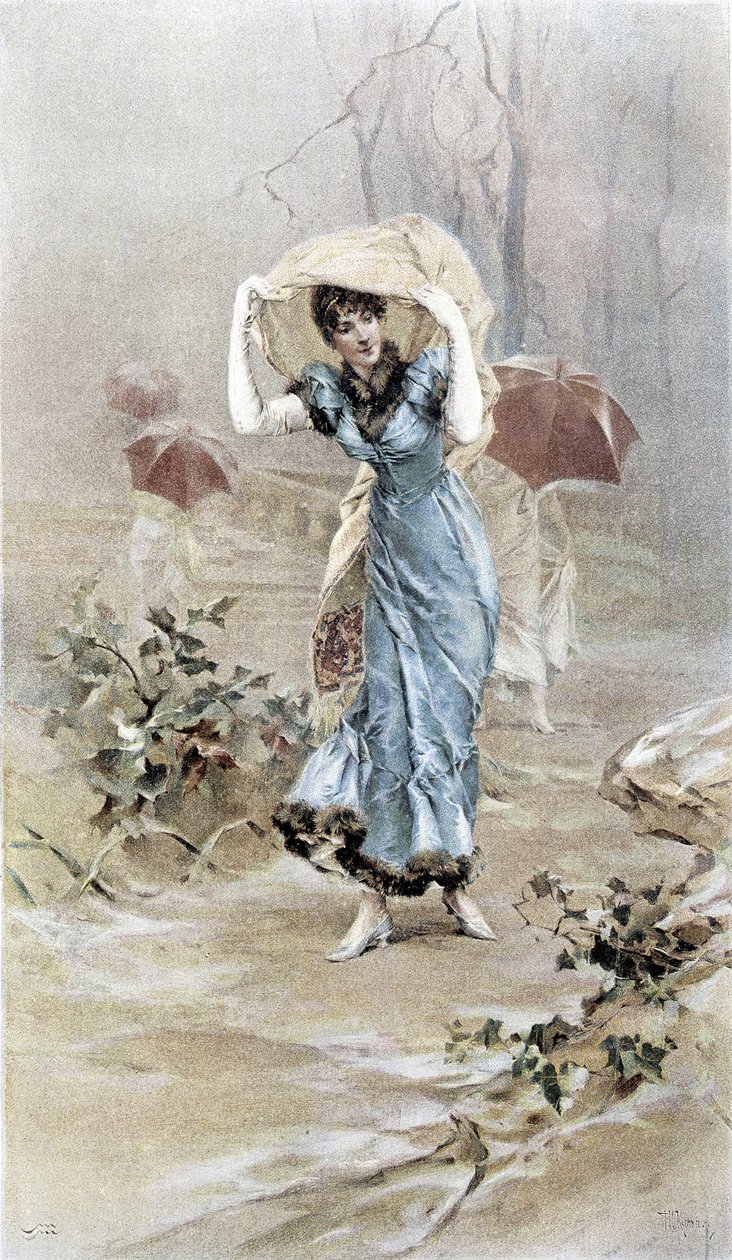 Vrouw die zichzelf beschermt tegen de regen - allegorie van vroege herfst, kalender geïllustreerd door Hubert Dys, geschilderd door F.H. Kaemmerer door Frederik Hendrik Kaemmerer