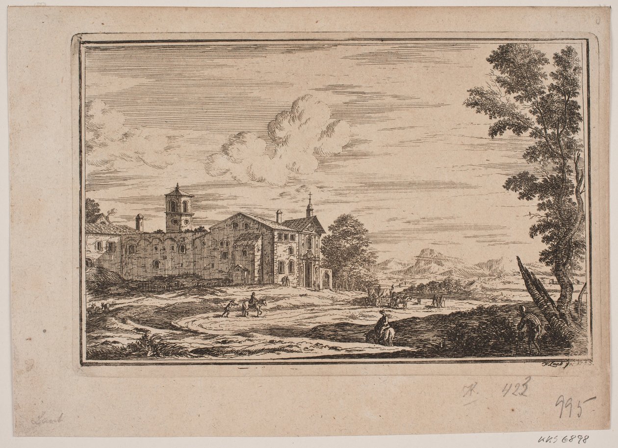 Kloostergebouw, links in Italiaans landschap door Frederik Laub