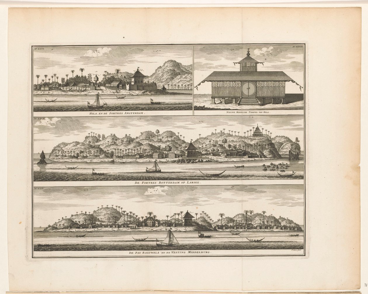 Drie vestingen op Ambon Hila, en de Fortres Amsterdam / Nieuwe Moorsche Tempel van Hila / De Fortres Rotterdam op Larike / De Pas Baguwala en de Vesting Middelburg door Frederik Ottens