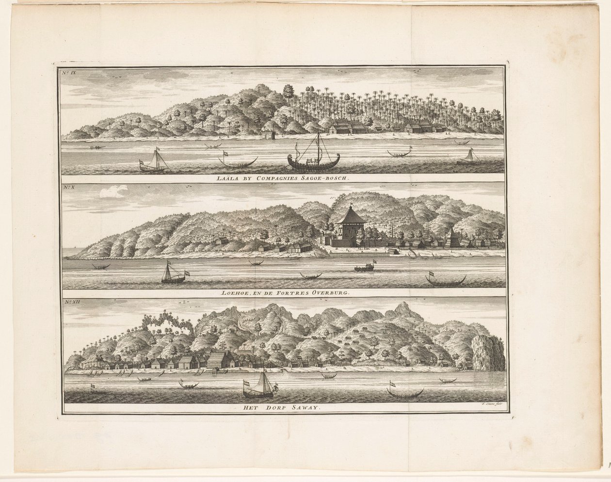 Verschillende versterkingen van de VOC op Ceram (Laäla by Compagnies Sagoe-bosch / Loehoe, en de Fortres Overburg / Het dorp Saway) door Frederik Ottens
