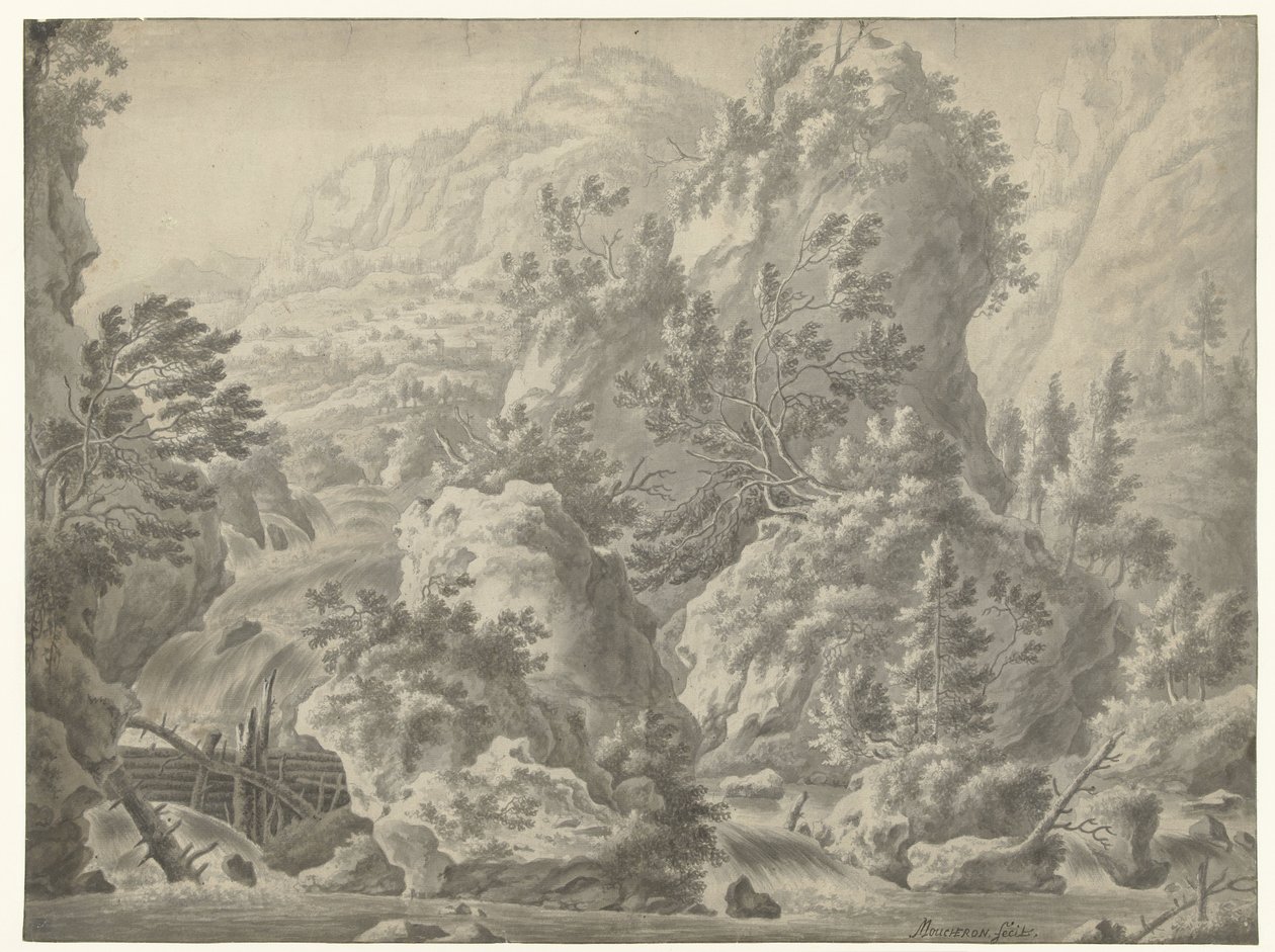 Berglandschap met waterval door Frederik de Moucheron
