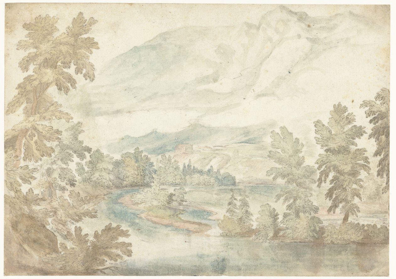 Bocht in een rivier stromend door een dal met hoge bergen door Frederik van Valckenborch