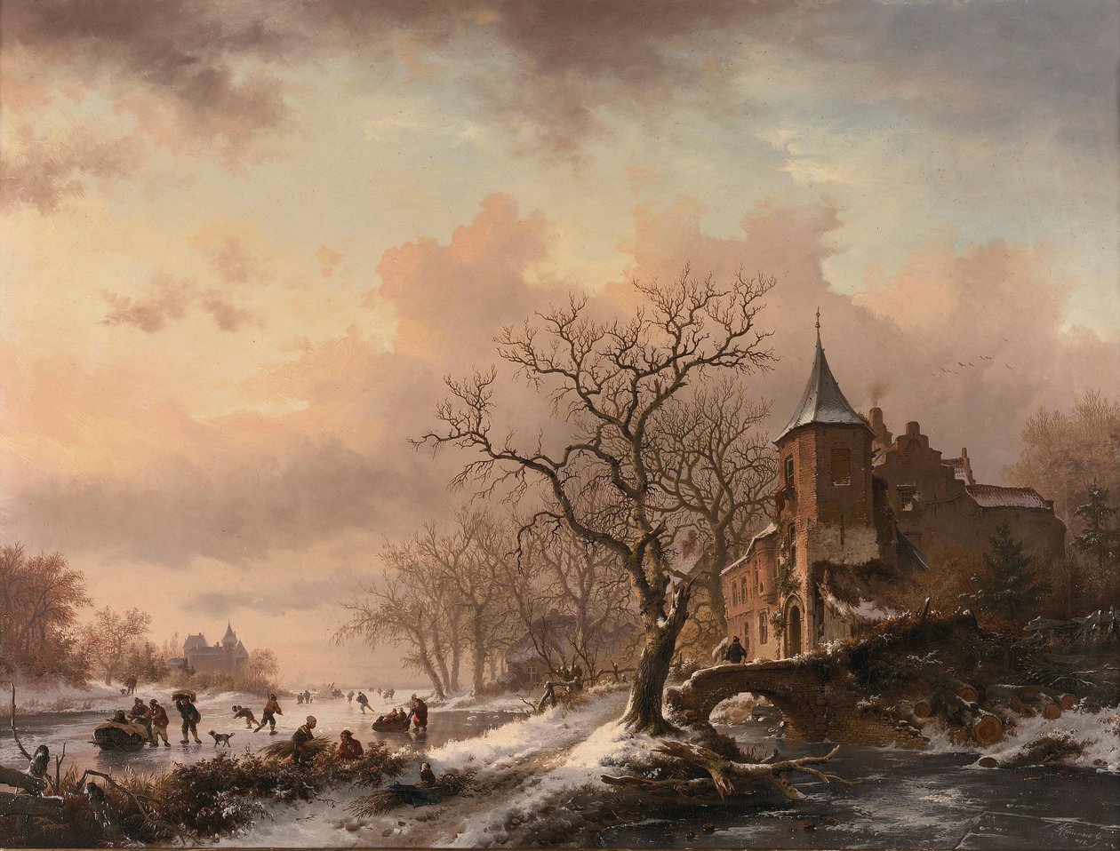 Kasteel in een winterlandschap en schaatsers op een bevroren rivier door Fredrik Marinus Kruseman