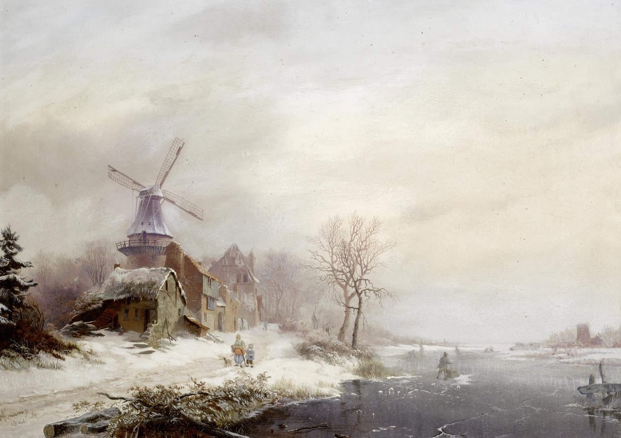 Dutch: Winter landschap met gehucht, windmolen en figuren Winter landscape with hamlet, windmill and figures door Fredrik Marinus Kruseman