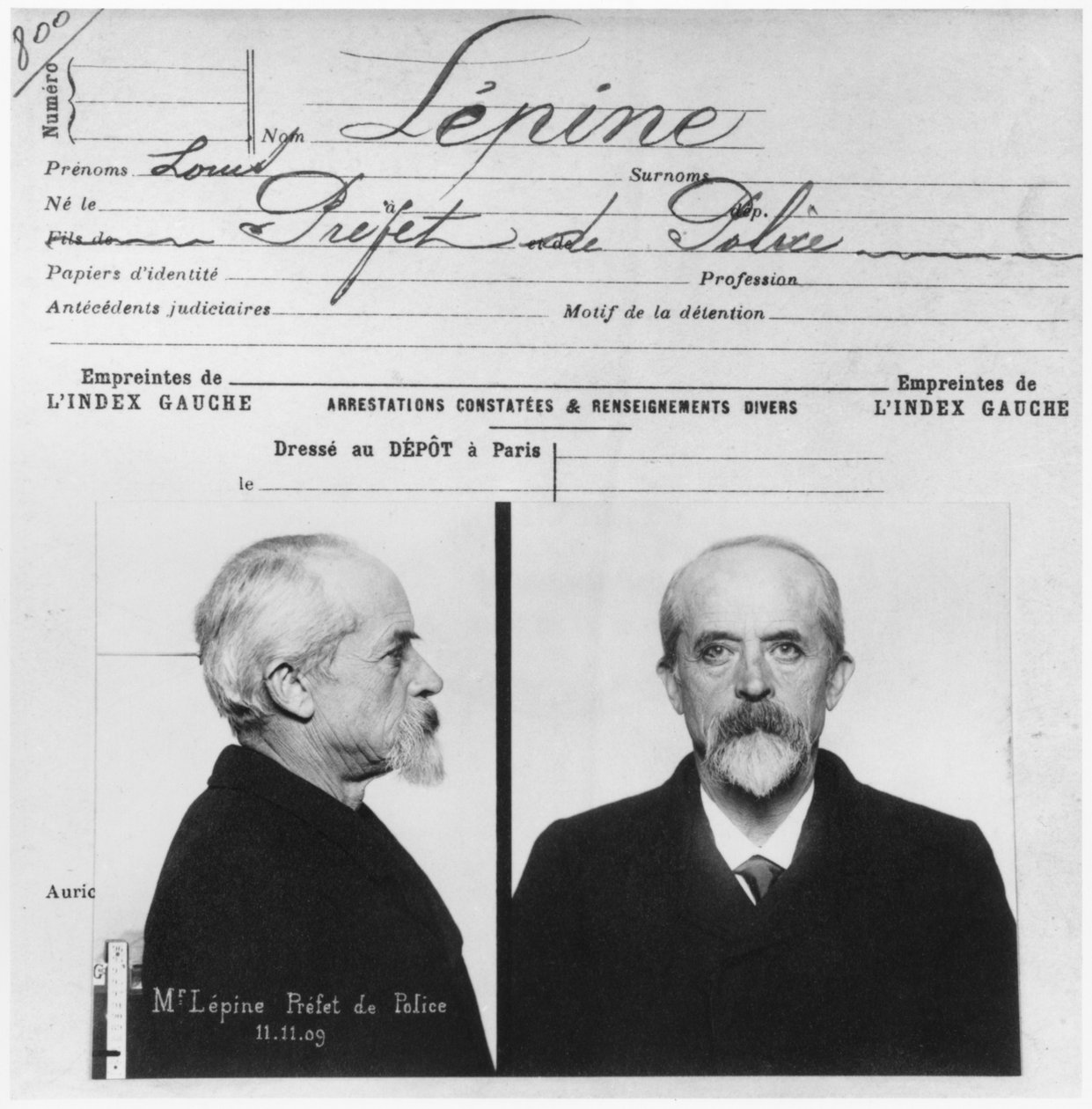 Antropometrisch politiedossier van Louis Jean-Baptiste Lepine, Prefet de politie, 11 november 1909 door French Photographer