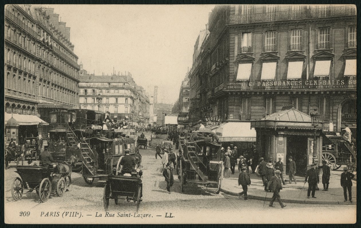 Ansichtkaart met Rue Saint-Lazare in Parijs, ca. 1900 door French Photographer