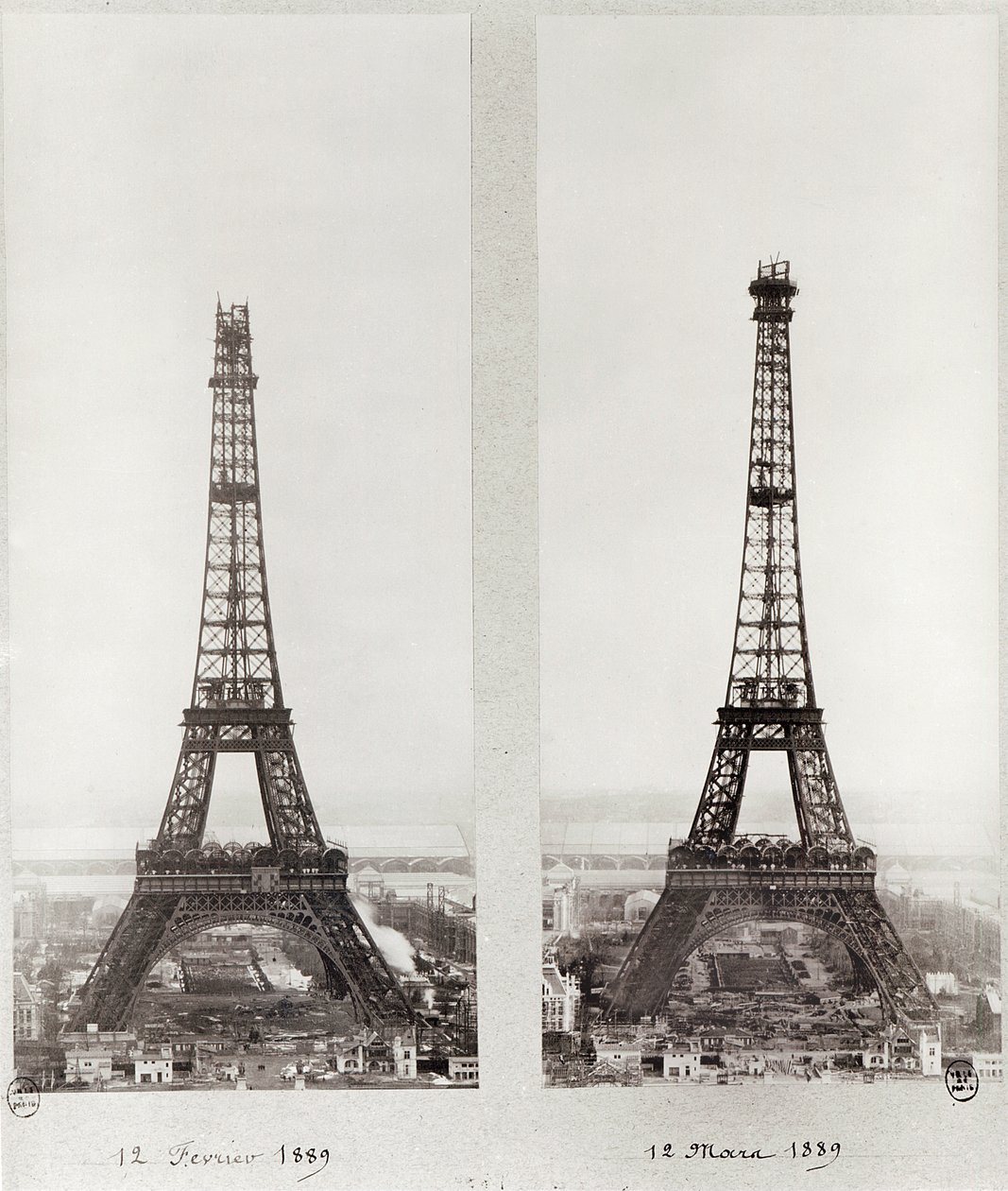 Twee uitzichten op de bouw van de Eiffeltoren, Parijs, 12 februari en 12 maart 1889 door French Photographer