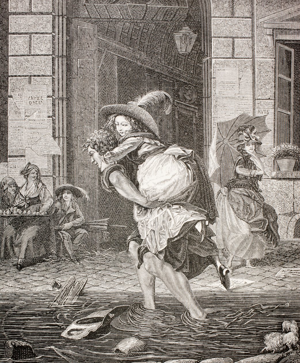 Een Drager die een Vrouw over de Straat Draagt op een Regenachtige Dag in 18e-eeuws Parijs, 1875 door French School