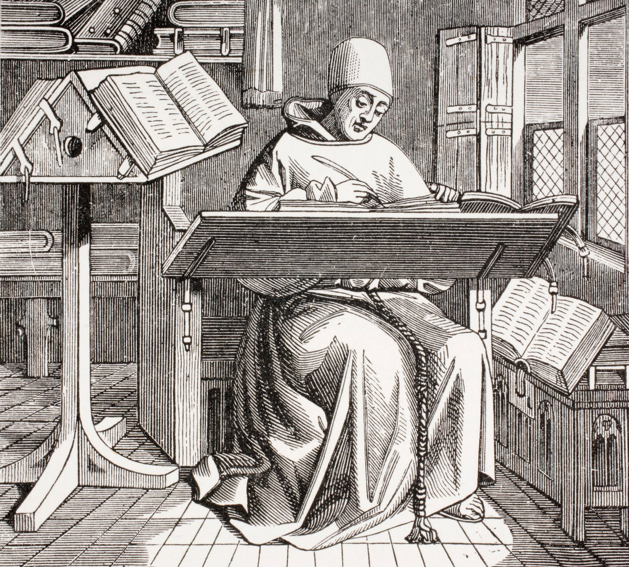 Een monnik-schrijver omringd door manuscripten en boeken aan zijn bureau, naar een 15e-eeuws werk, uit 