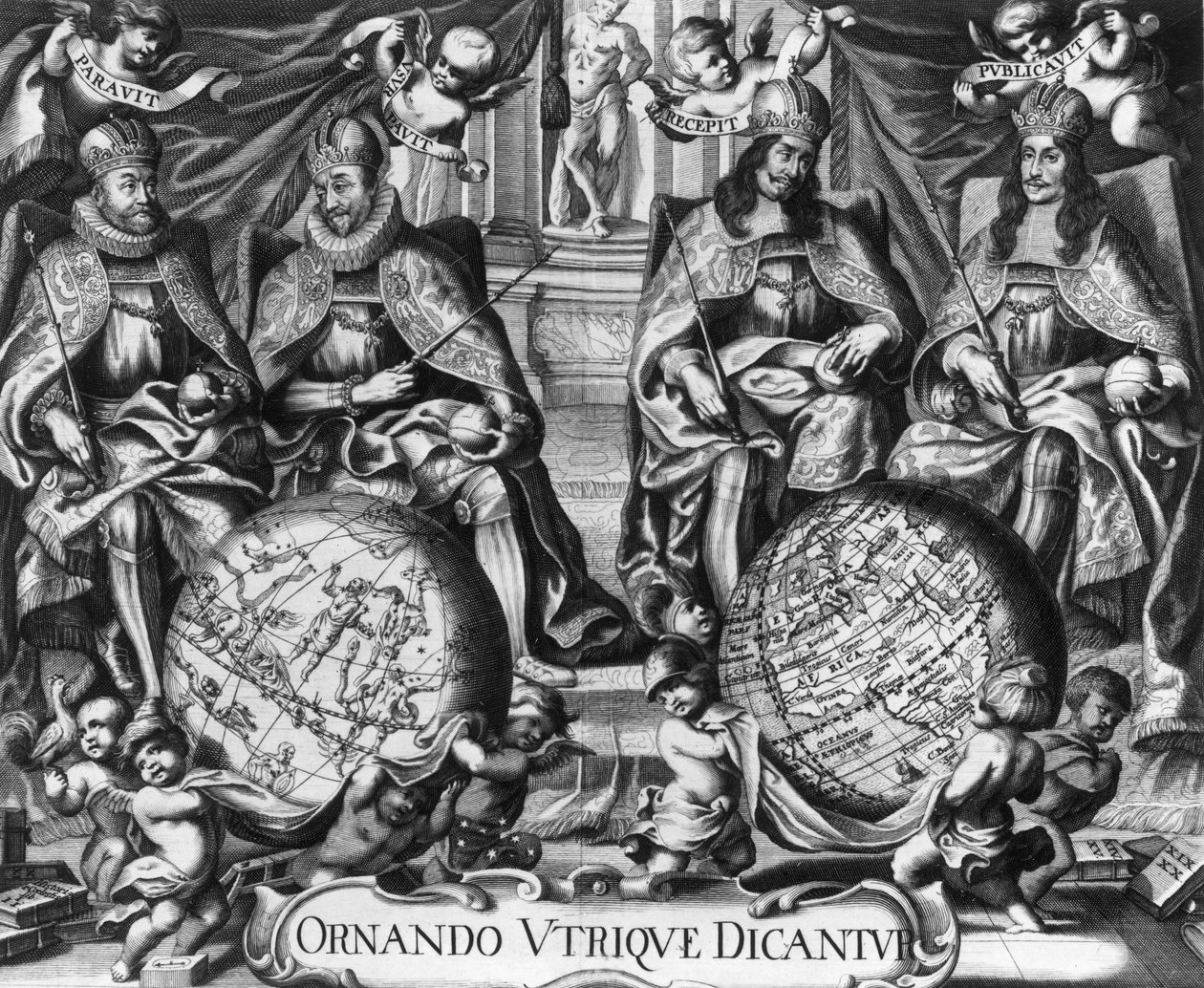 Allegorie met Rudolf II (1552-1612) Heilige Roomse Keizer en zijn opvolgers Matthias 1e (1557-1619), Ferdinand II (1578-1637) en Ferdinand III (1608-1657) door French School