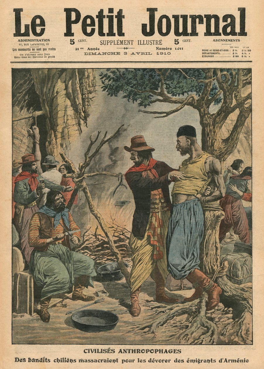 Chileense bandieten die Armeense emigranten verslinden, illustratie uit 
