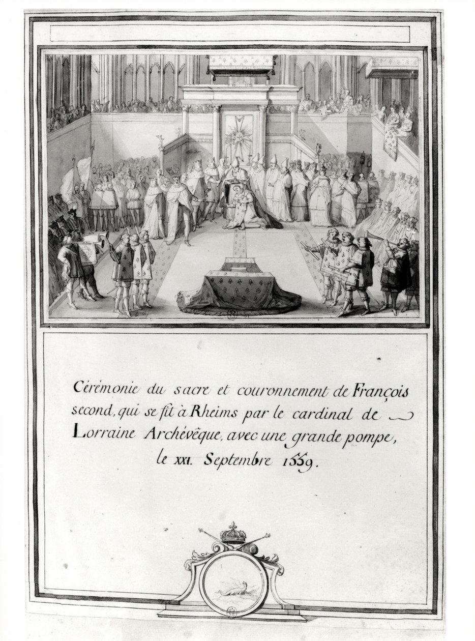 Kroning van Francis II (1544-60), 21 september 1559 in Reims door de aartsbisschop Kardinaal de Lorraine door French School