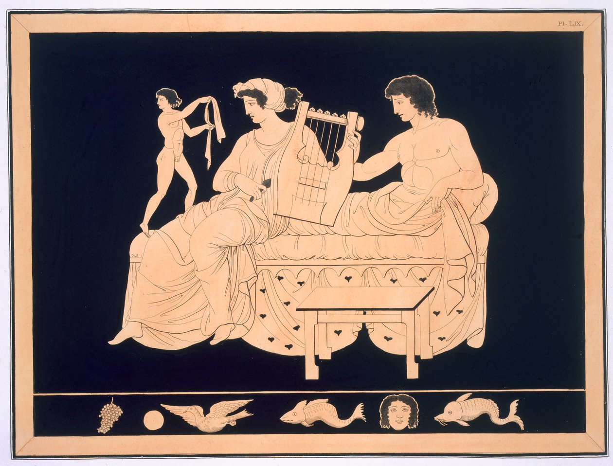 Koppel ontspant met een lier, gepubliceerd 1808-10 (illustratie van een band van Peintures de Vases Antiques Vulgairement Appeles Etrusques door Aubian Louis Millin de Grandmaison) door French School