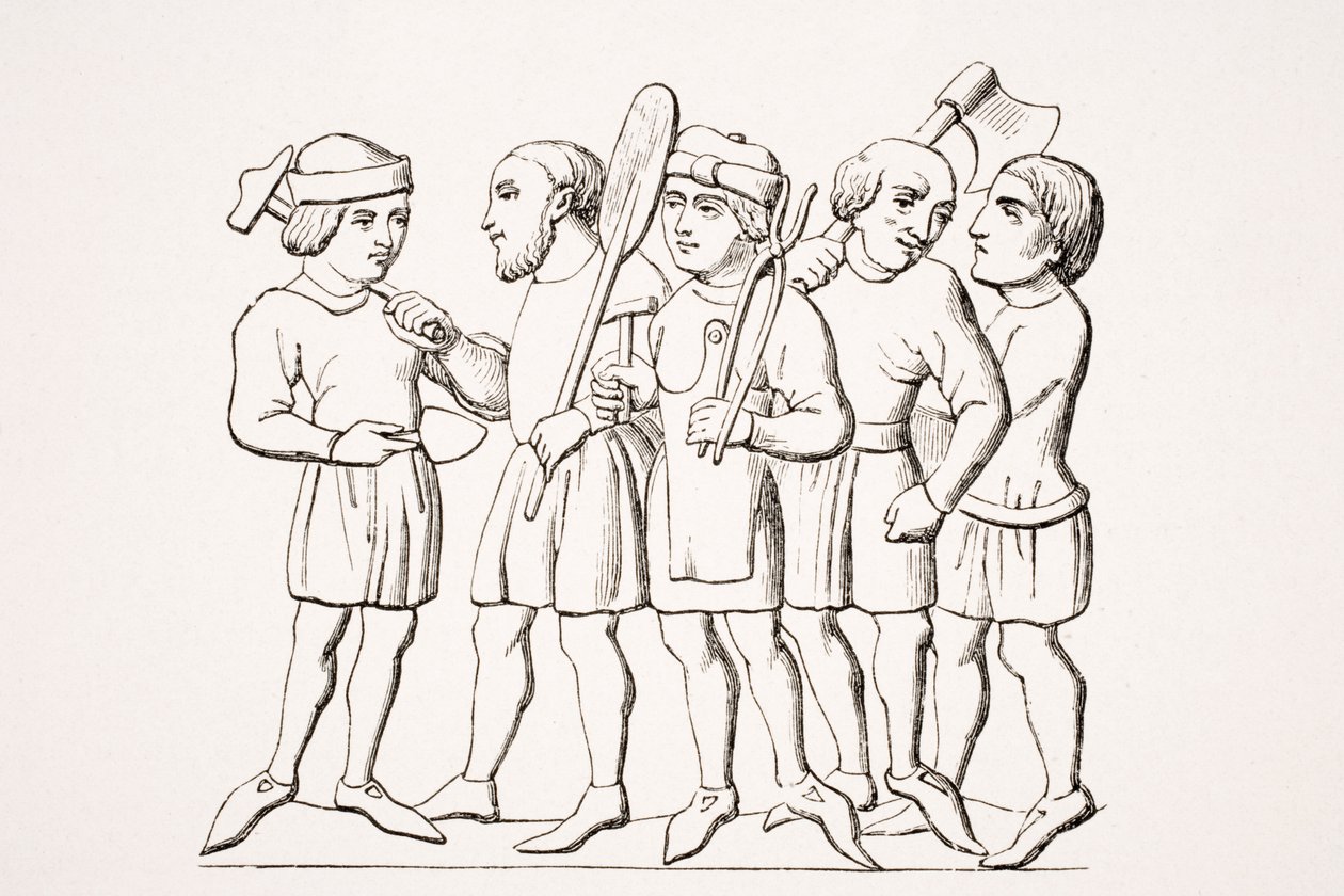 Ambachtslieden, reproductie van een miniatuur in een 14e-eeuws manuscript, uit 