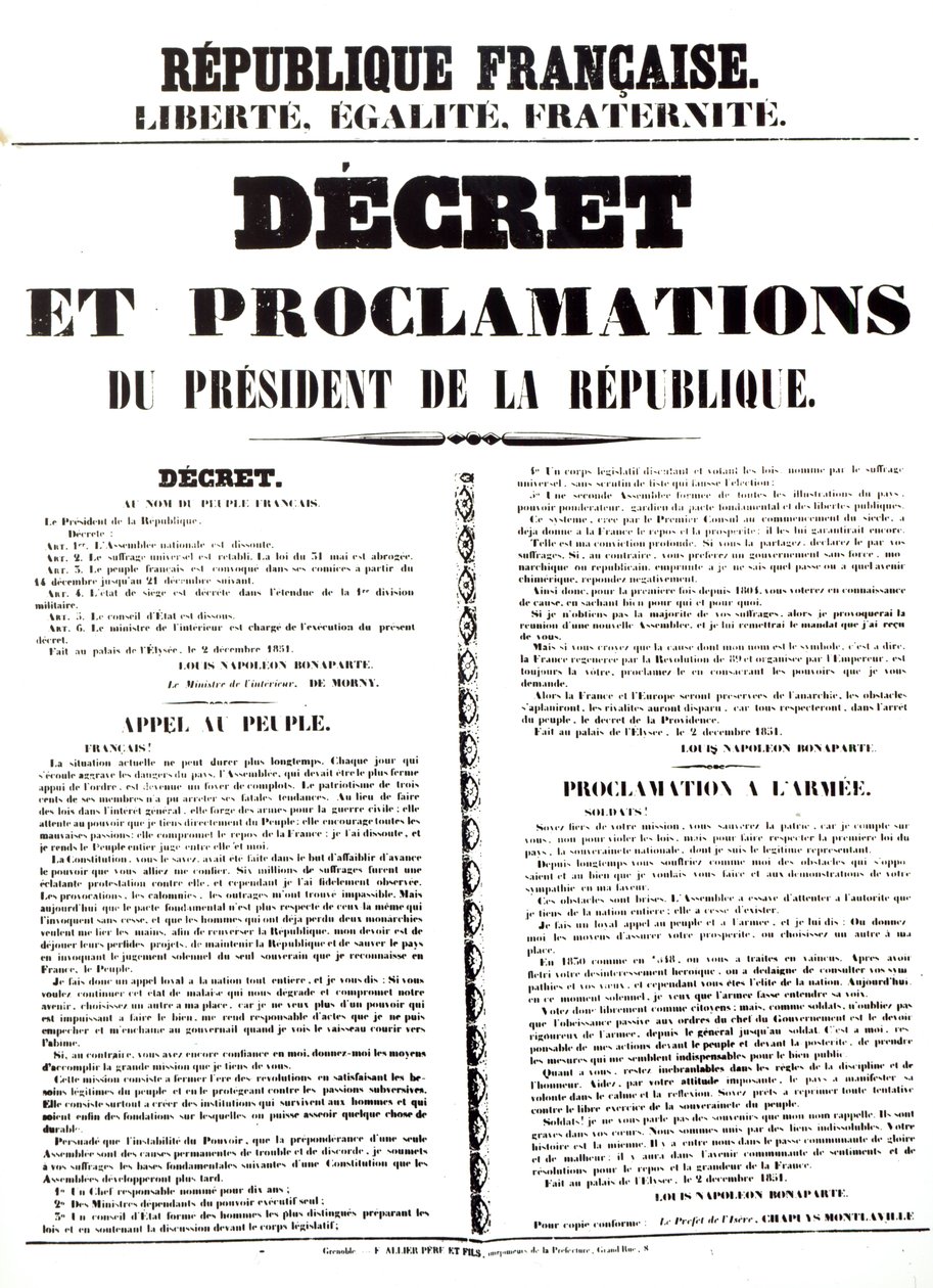 Besluit en Proclamatie door Louis Napoleon Bonaparte III, President van de Republiek, 2 december 1851 door French School