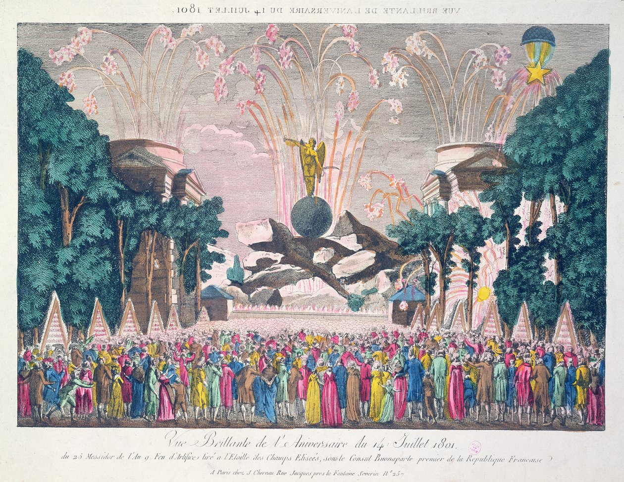 Vuurwerk bij de Etoile, Champs-Elysees, Parijs, ter viering van de verjaardag van 14 juli 1801 door French School
