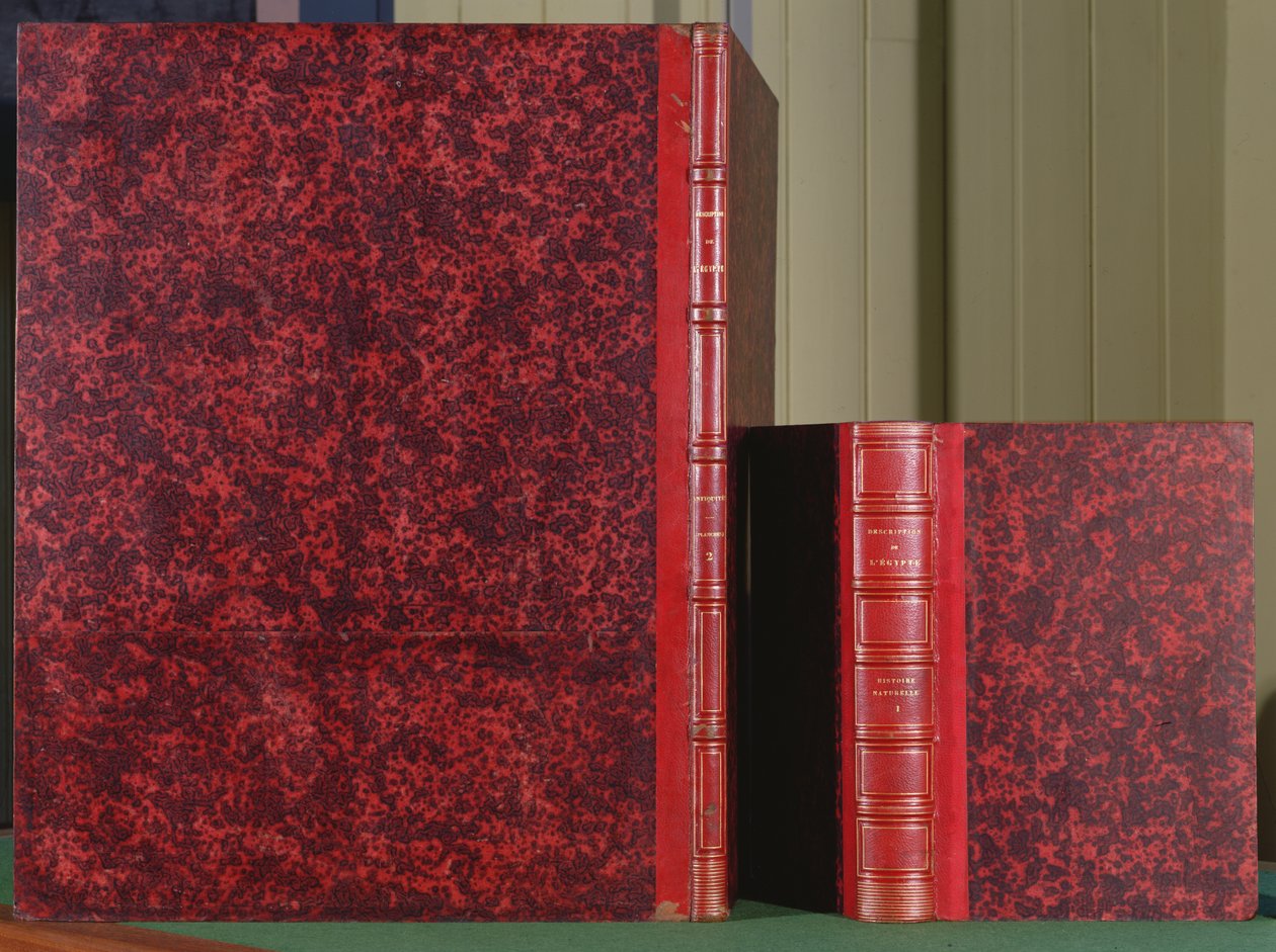 Vooromslag van Beschrijving van Egypte, Boek 1, Deel II, Oudheden, en achteromslag van Boek 8, Deel I, Natuurlijke Geschiedenis, 1809 door French School