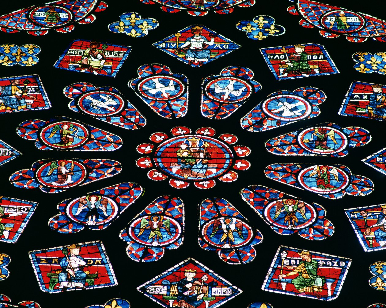 Verheerlijking van de Maagd Maria, noordelijk roosvenster, ca. 1223 (glas-in-lood) (detail) door French School