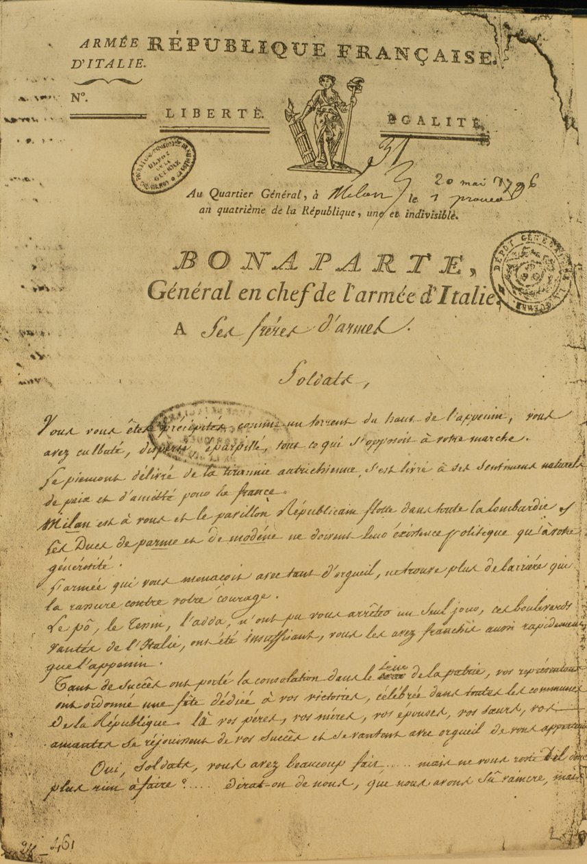 Instructies aan soldaten uitgegeven door Napoleon als generaal van het Italiaanse leger, 20 mei 1796 door French School