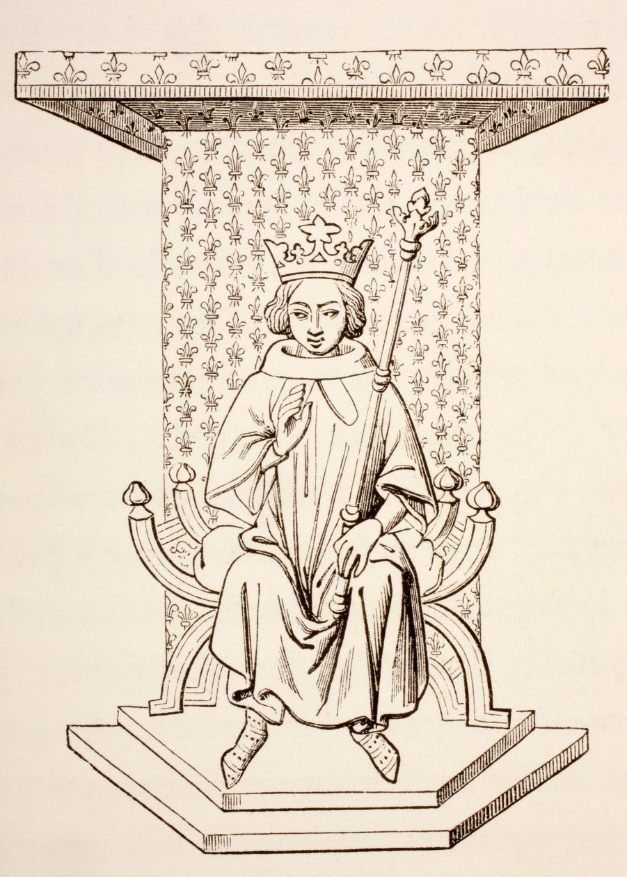 Koning Lodewijk IX van Frankrijk op zijn troon met Fleur-de-Lis motief, 1873 door French School