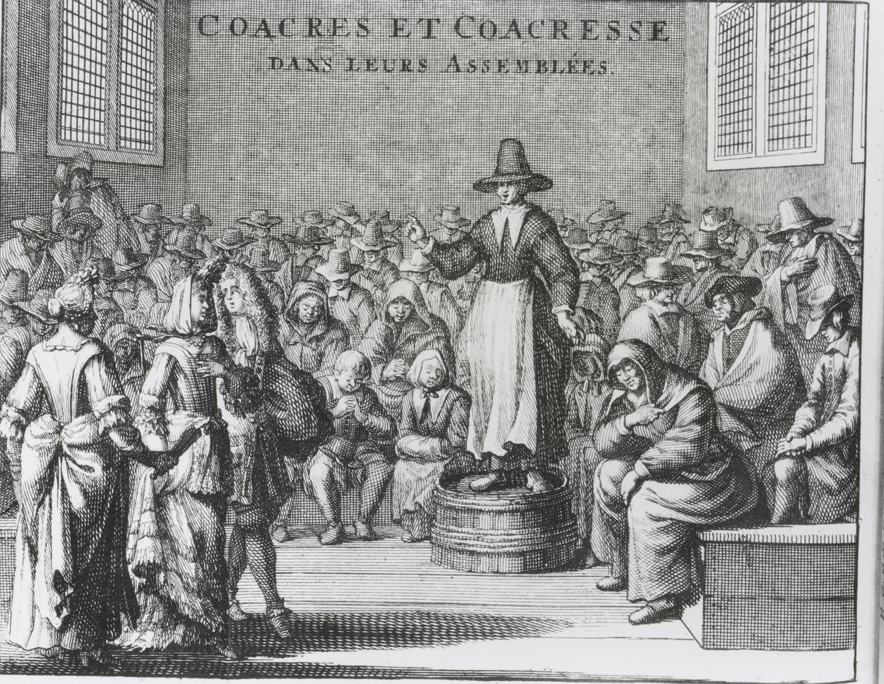 Mannelijke en vrouwelijke Quakers op hun bijeenkomst door French School