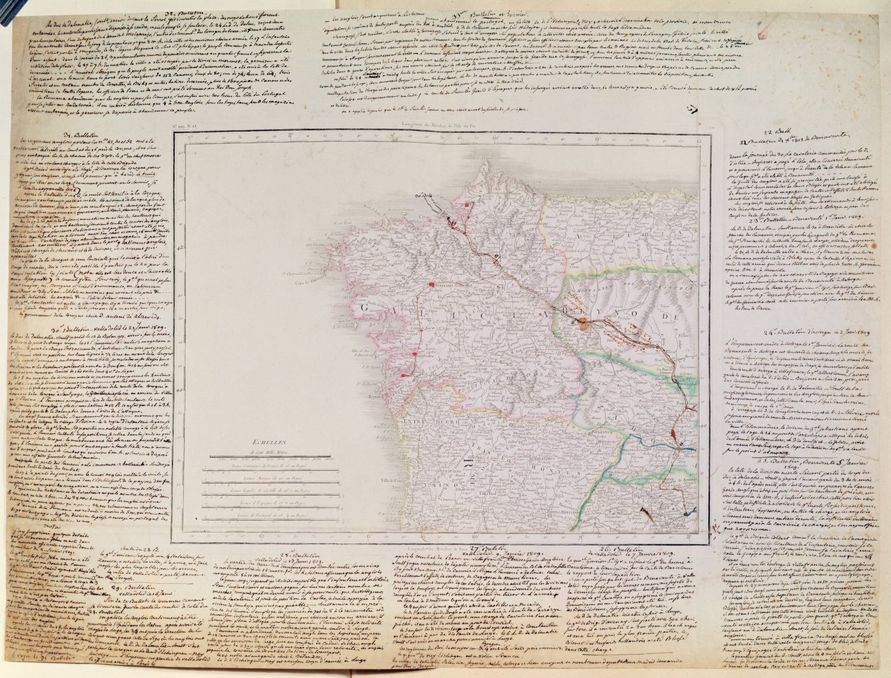 Kaart van Galicië met de route van het Franse leger en een logboek, uit de campagne in januari door French School