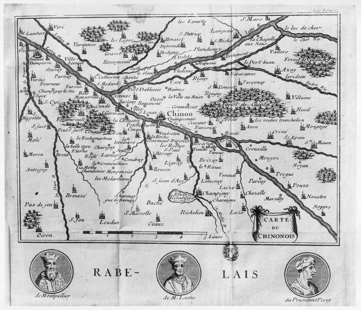 Kaart van de regio Chinon gerelateerd aan de werken van Francois Rabelais, gepubliceerd in 1725 door French School