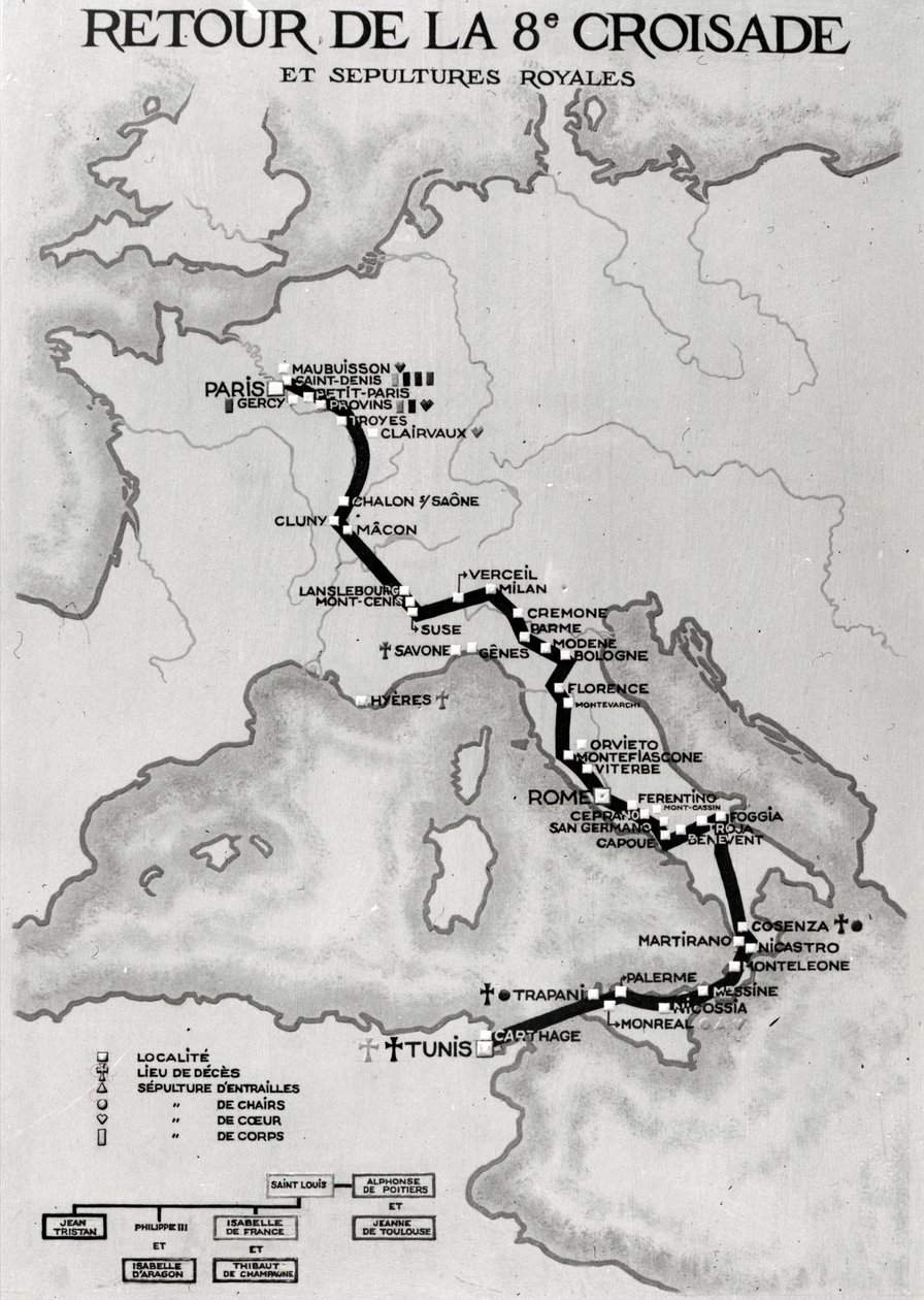 Kaart van de terugkeer van de 8e Kruistocht in 1270 met de rustplaatsen van het lichaam van Lodewijk IX door French School