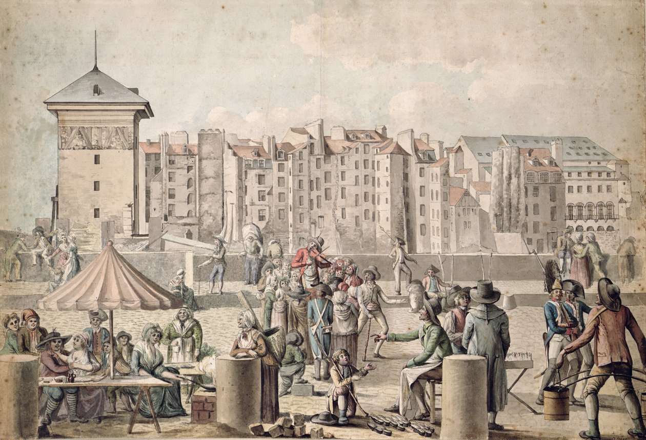Kermisklanten en Wandelaars op de Pont au Change, Parijs c.1790 door French School