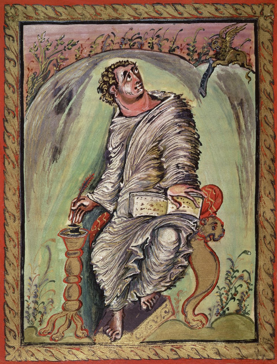 Ms 1 fol.60v St. Marcus aan zijn bureau, uit het Evangelie van St. Marcus, uit de Ebbo-evangeliën, ca. 816-835 door French School