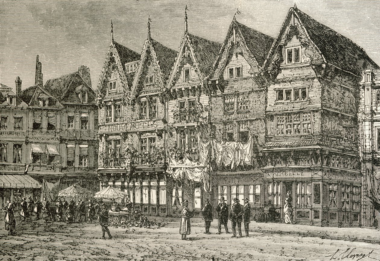Oude huizen in Valenciennes, Frankrijk, in de 19e eeuw, uit 