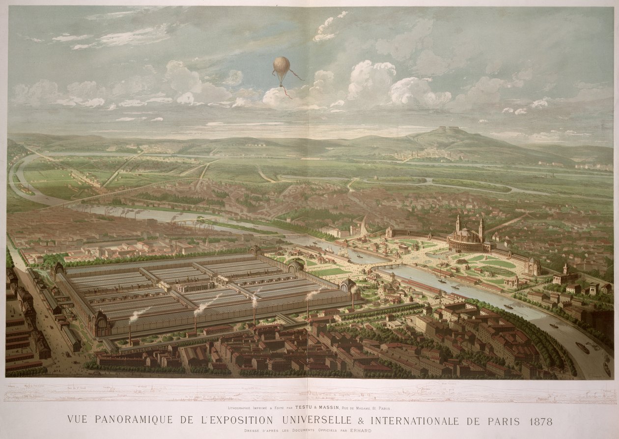 Panoramisch uitzicht op de Exposition Universelle, Parijs, 1878 door French School