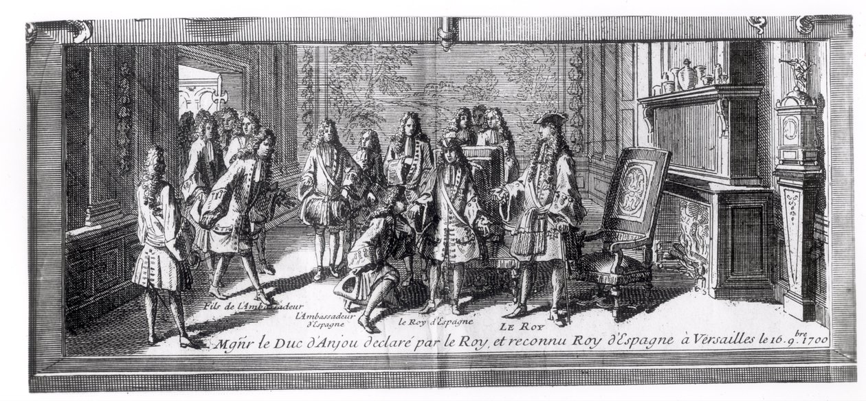 Philippe de France (1683-1746) hertog van Anjou, erkend als koning van Spanje door Lodewijk XIV (1638-1715) koning van Frankrijk, 16 september 1700, in Versailles door French School