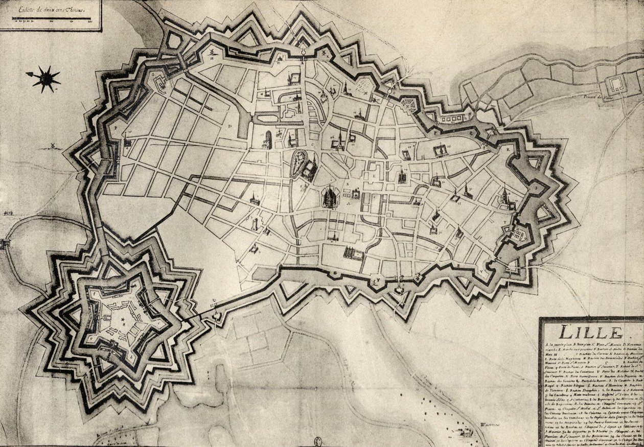 Plan en vestingwerken van Lille rond 1670, uit 