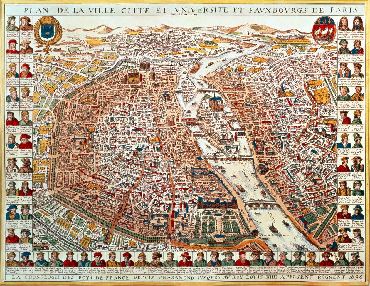 Plan van Parijs, omgeven door een chronologische reeks portretten van de koningen van Frankrijk van Pharamond tot Lodewijk XIV, 1698 door French School