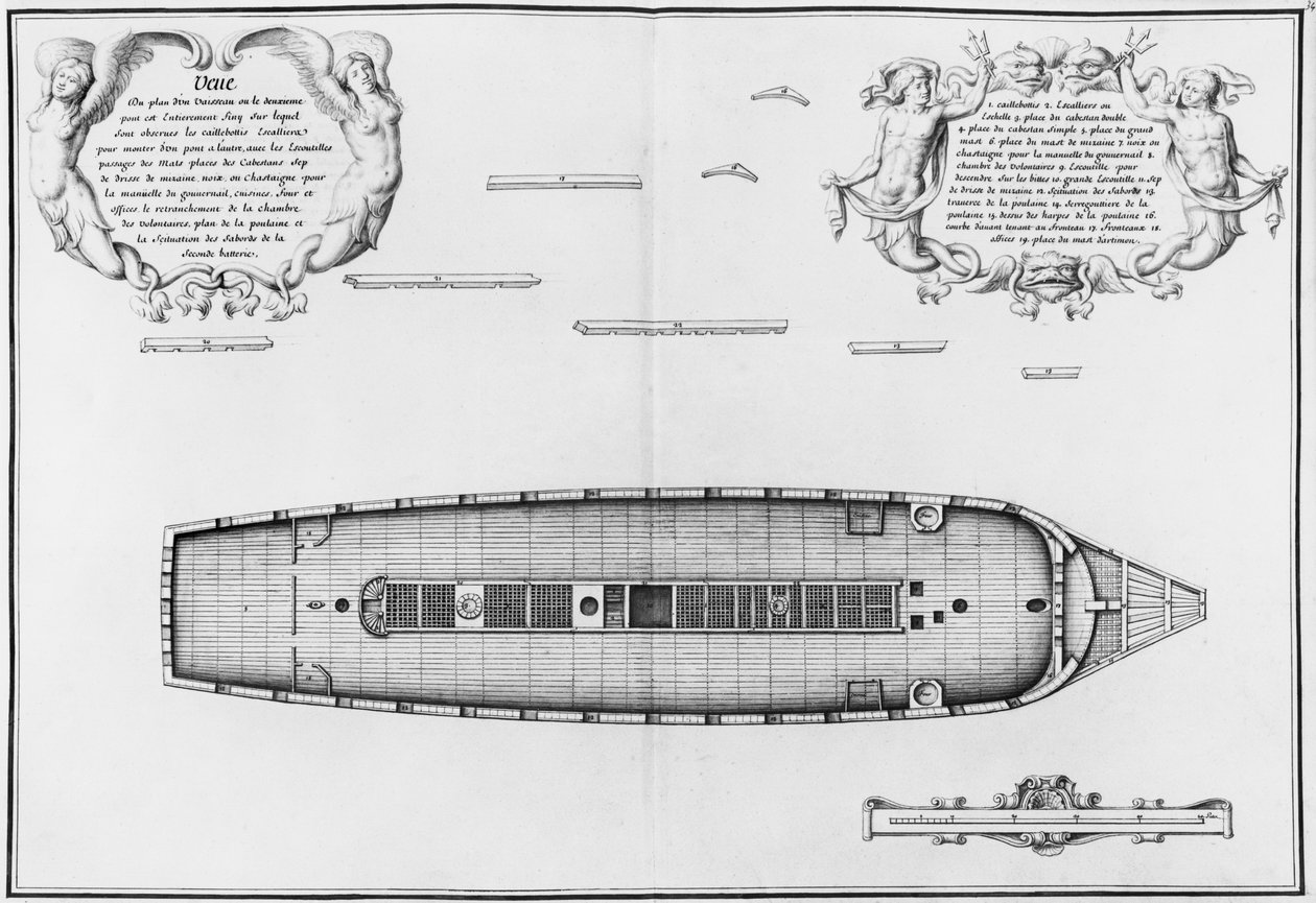 Plan van een schip met een volledig voltooid tweede dek, illustratie uit de 