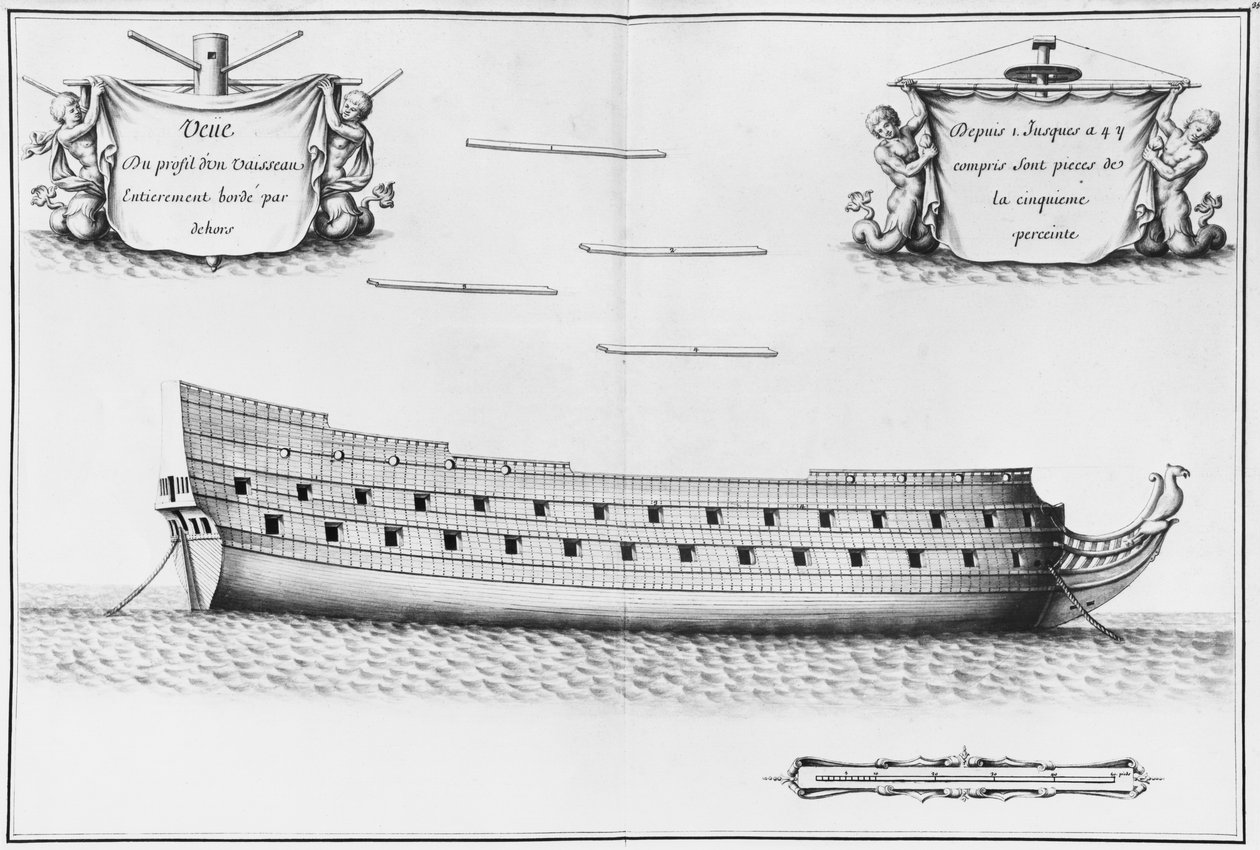 Profiel van een volledig beplankt schip, illustratie uit de 