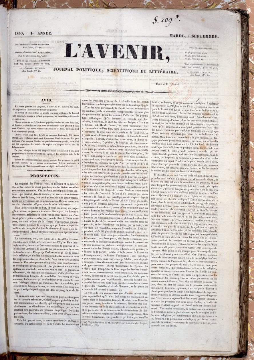 Prospectus voor de aankomende publicatie van het tijdschrift LAvenir, 7 september 1830 door French School
