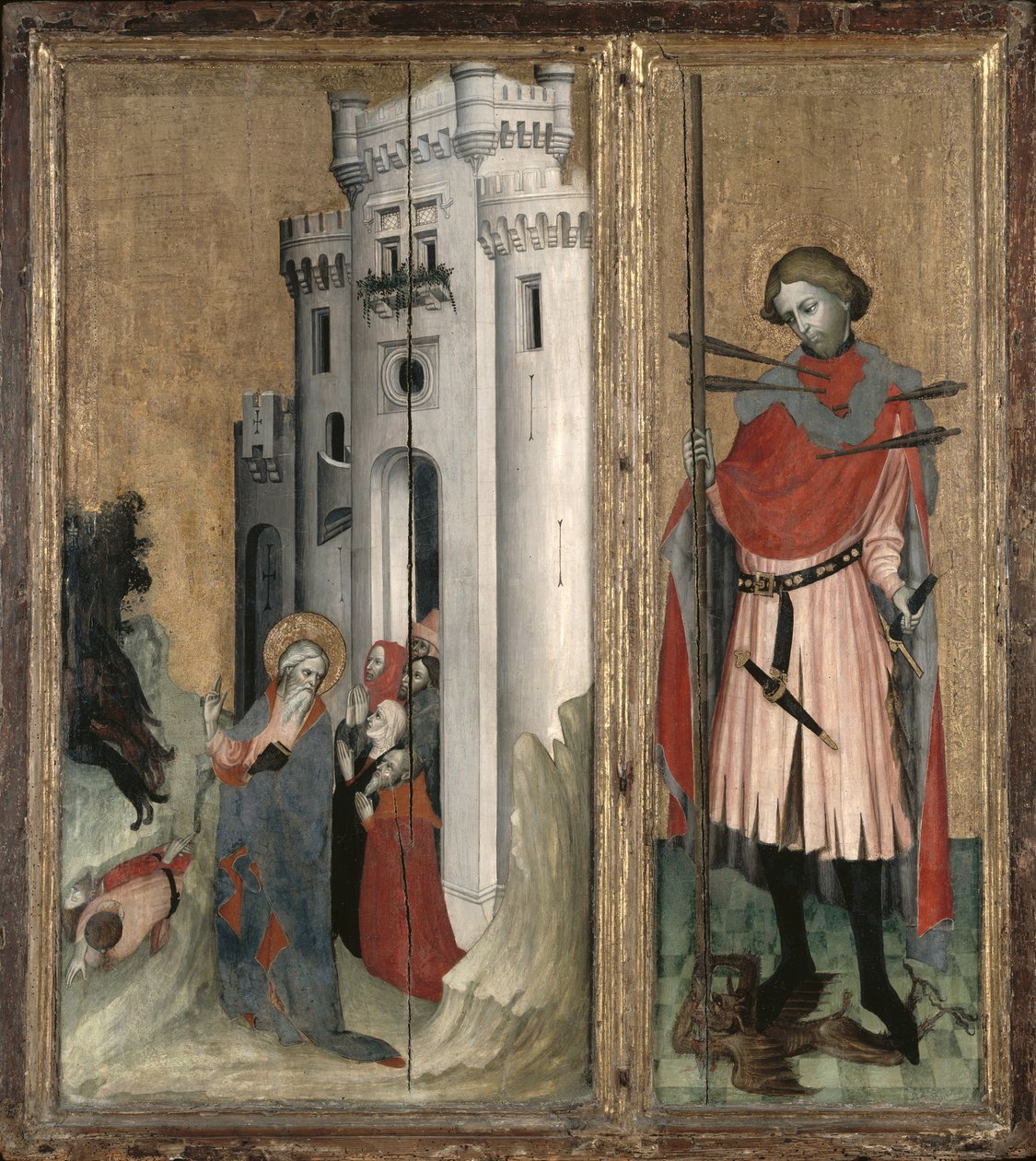St. Andreas verjaagt demonen uit de stad Nicea en St. Sebastiaan, rechterpaneel van het Thouzon altaarstuk, School van Provence door French School