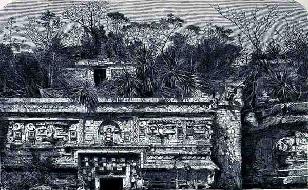 Tempelgebouw ten oosten van het nonnenklooster in Chichen Itza, uit De oude steden van de Nieuwe Wereld, door Claude-Joseph-Desire Charnay, uitgegeven 1887 door French School