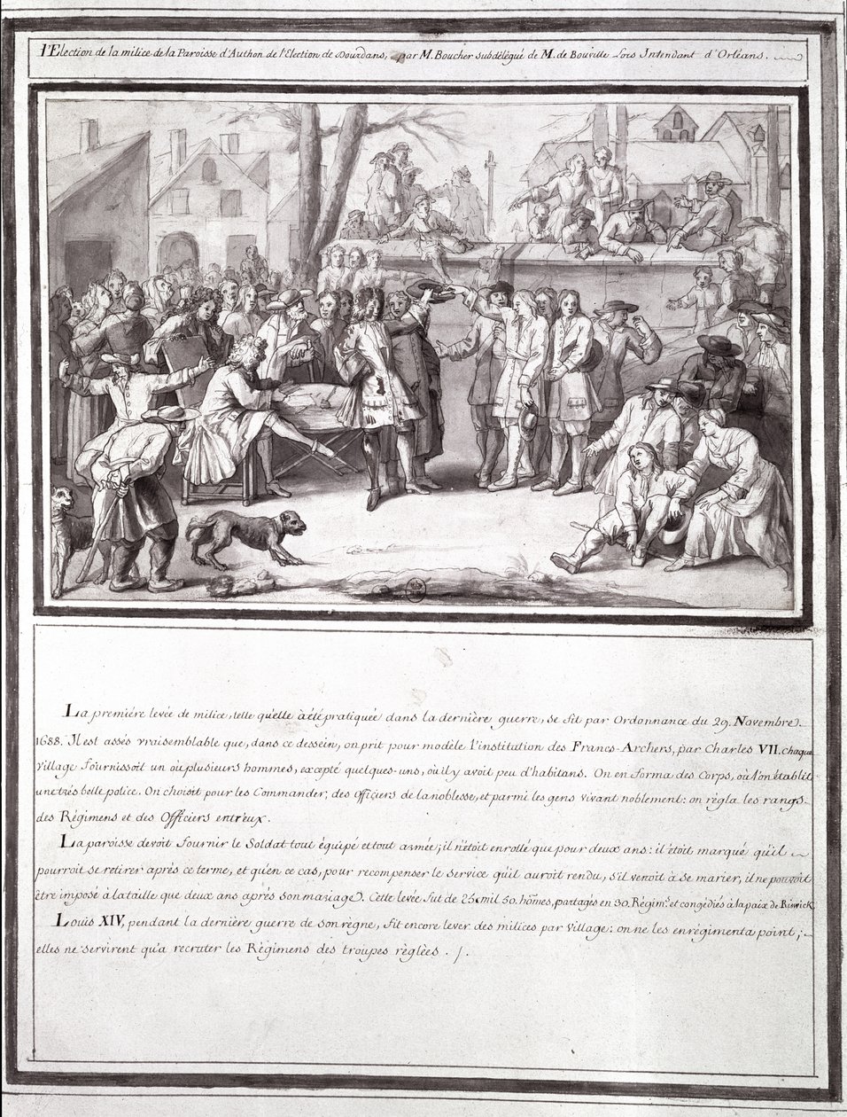 De verkiezing van de militie in de parochie van Authon, onderdeel van de verkiezing van Dourdans, 1688 door French School