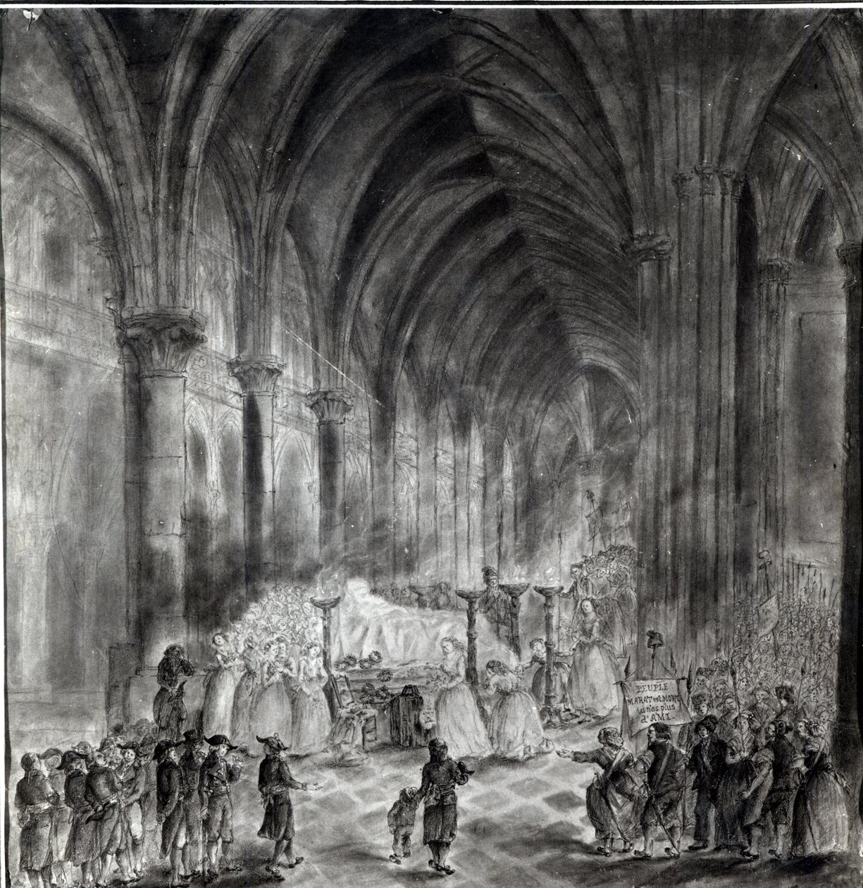 De begrafenis van Jean Paul Marat in de kapel van de Club des Cordeliers, 16 juli 1793 door French School
