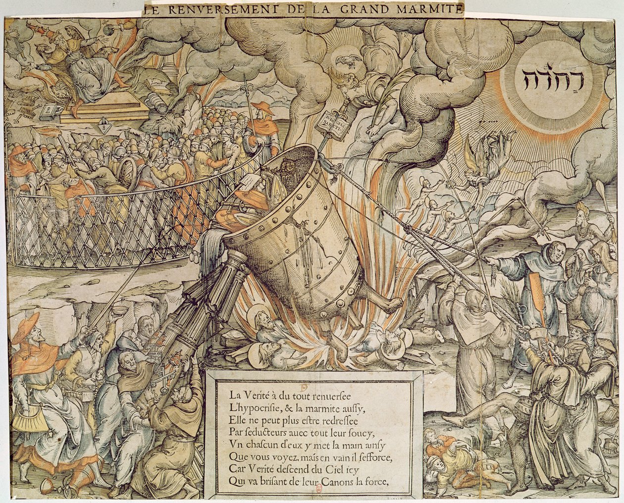 De omvallende smeltkroes (kleurgravure) door French School