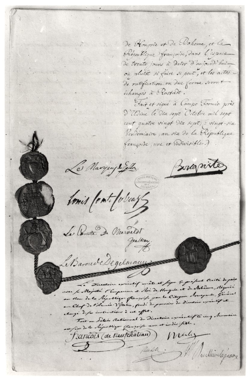 Het Verdrag van Campo Formio, ondertekend door Napoleon Bonaparte (1769-1821) 17 oktober 1797 door French School