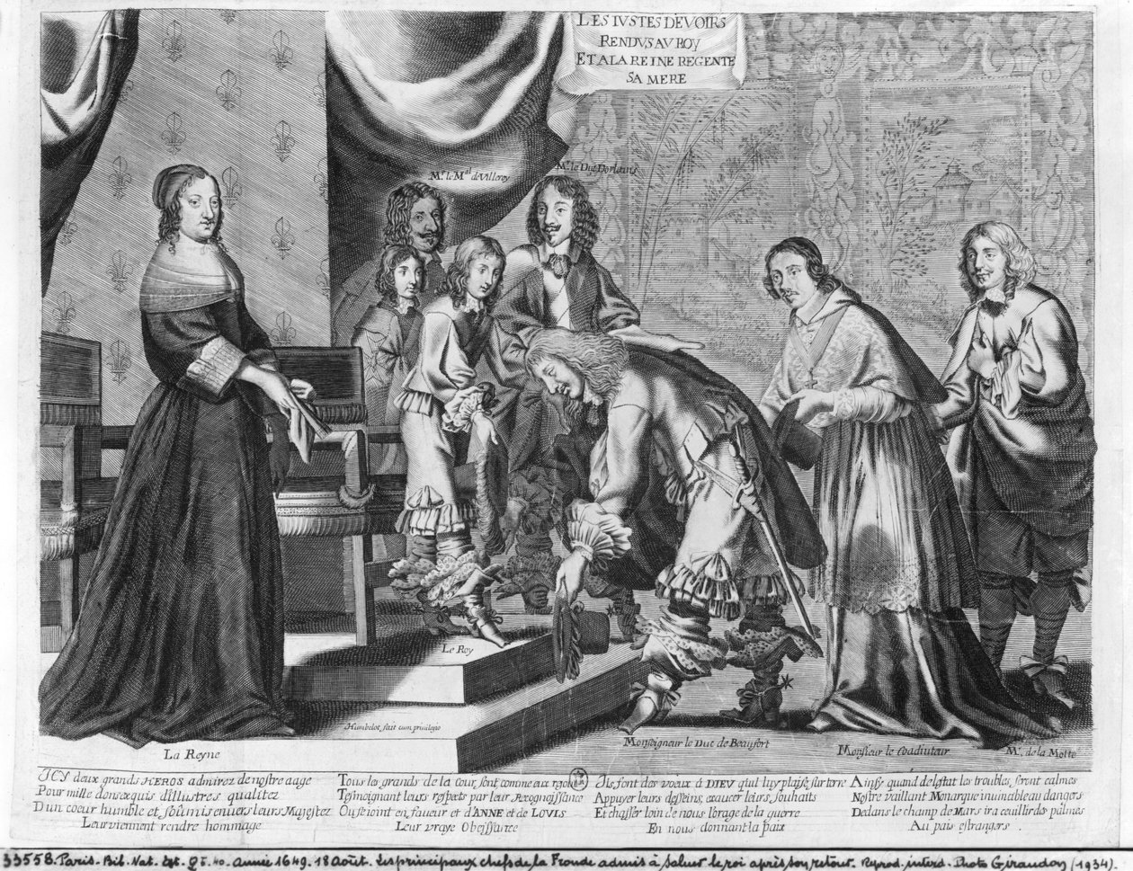De leiders van de Fronde toegelaten om de koning Lodewijk XIV te begroeten na zijn terugkeer, op 18 augustus 1649 door French School
